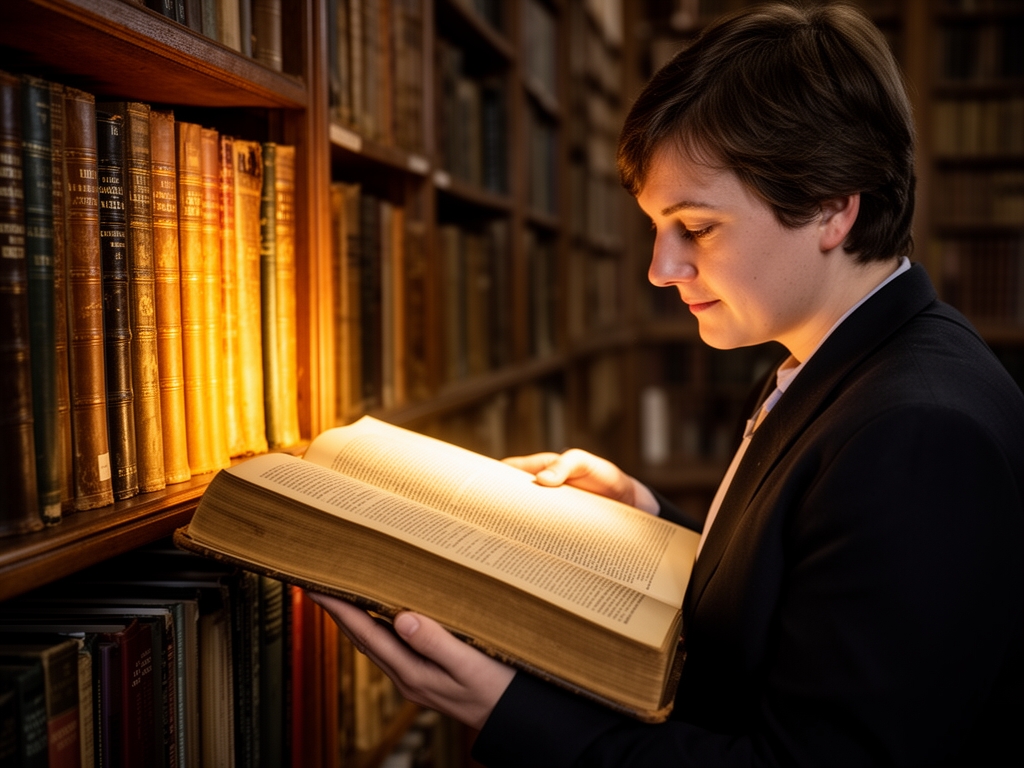 Person som studerar en stor gammal bok i ett historiskt bibliotek med varmt riktat ljus som lyser upp sidor och bokrygg – symboliserar sökande efter kunskap i en akademisk miljö