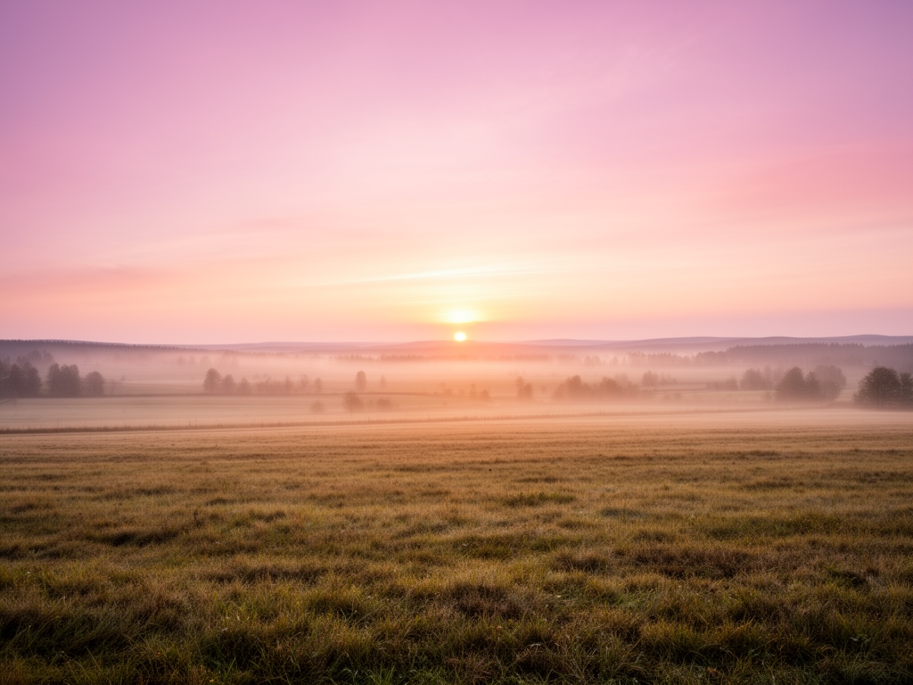 Soluppgång över ett öppet fält med mjukt rosa och guld morgonljus – vidsträckt skandinaviskt landskap med lugn och poetisk stämning