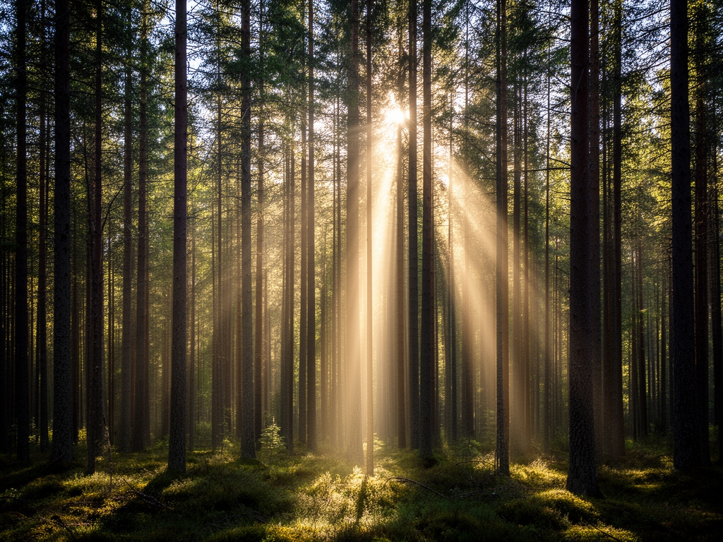 Solstrålar som tränger igenom ett tätt skogstak och skapar dramatiska ljuskolonner ner mot marken i en svensk barrskog – stämningsfull och lugn atmosfär