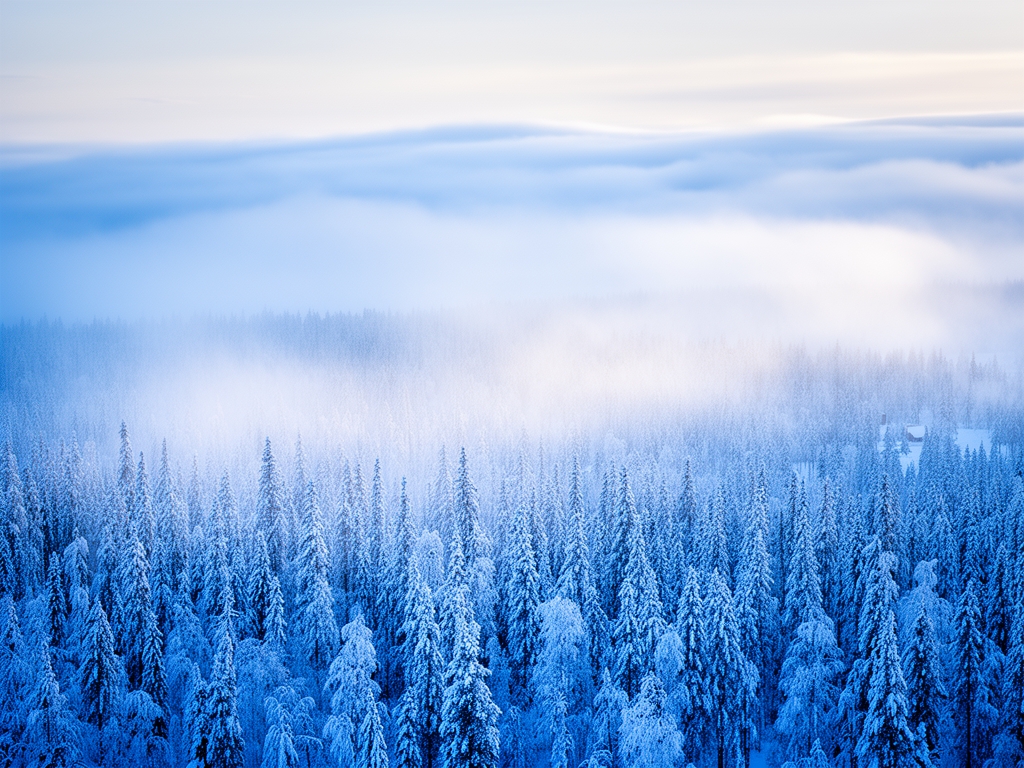Vinterlandskap i Sverige med snötäckt barrskog och mjukt blå-vitt ljus som filtreras genom molntäcket – stämningsfullt och tyst nordiskt naturmotiv