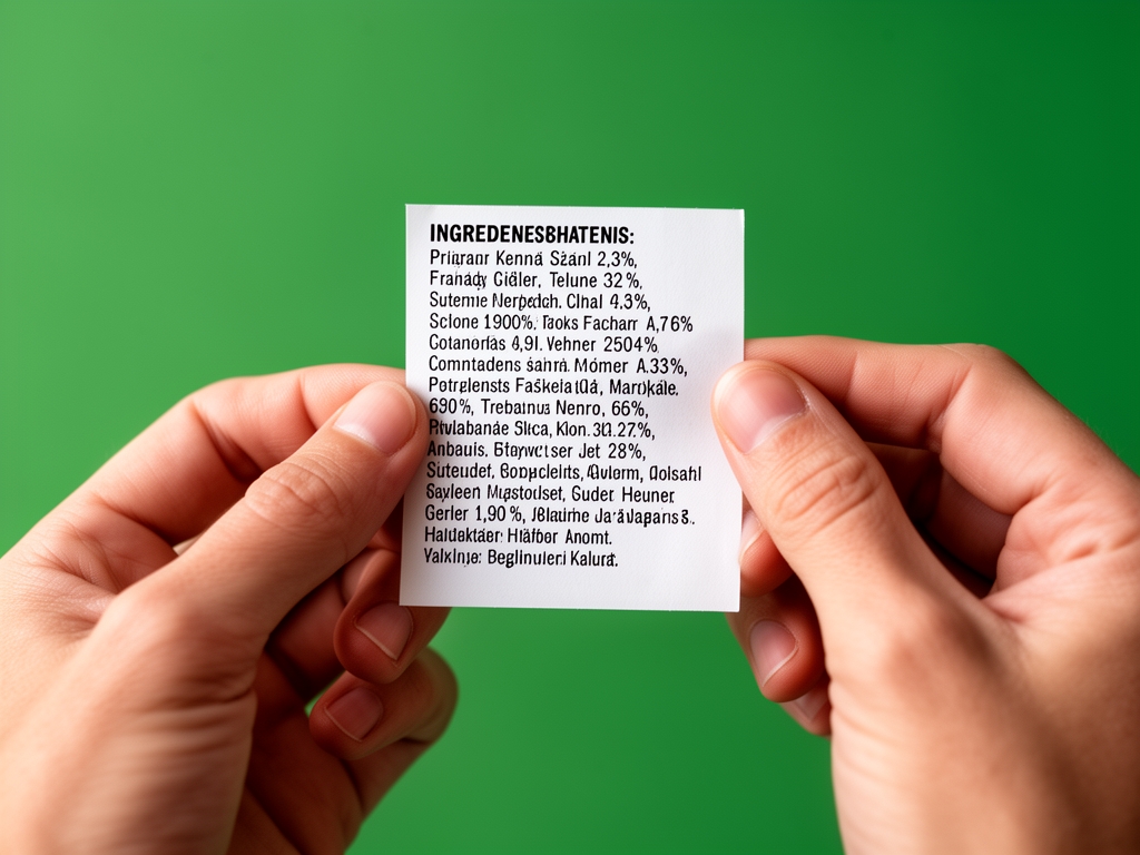 Händer som håller en etikett med ingredienslista – grön bakgrund och naturligt ljus, fokus på att läsa text noggrant och korrekt