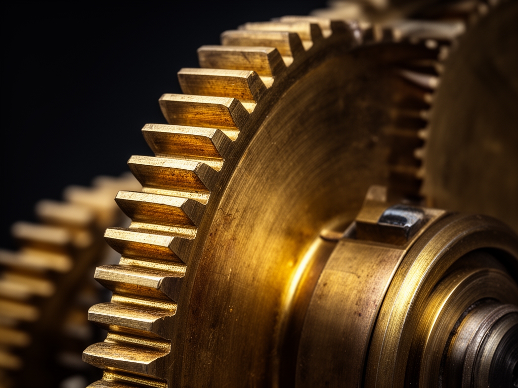 Närbild av ett gammalt metallurs mekaniska kugghjul med precisa tänder och rika gyllene texturer mot mörk bakgrund – symboliserar reglering och systematiska processer