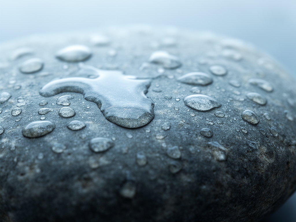 Abstrakt makrofoto av en våt natursten med vattendroppar och speglingar – mjukt blå-grå tonalitet som symboliserar hydratisering och naturliga texturer