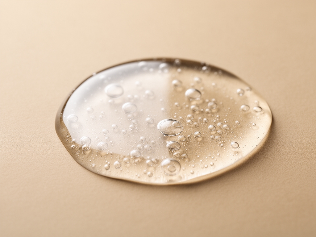 Närbild av ett genomskinligt serum med bubblor på en neutral beige yta – textur och ljus framhäver substansens rena, naturliga karaktär